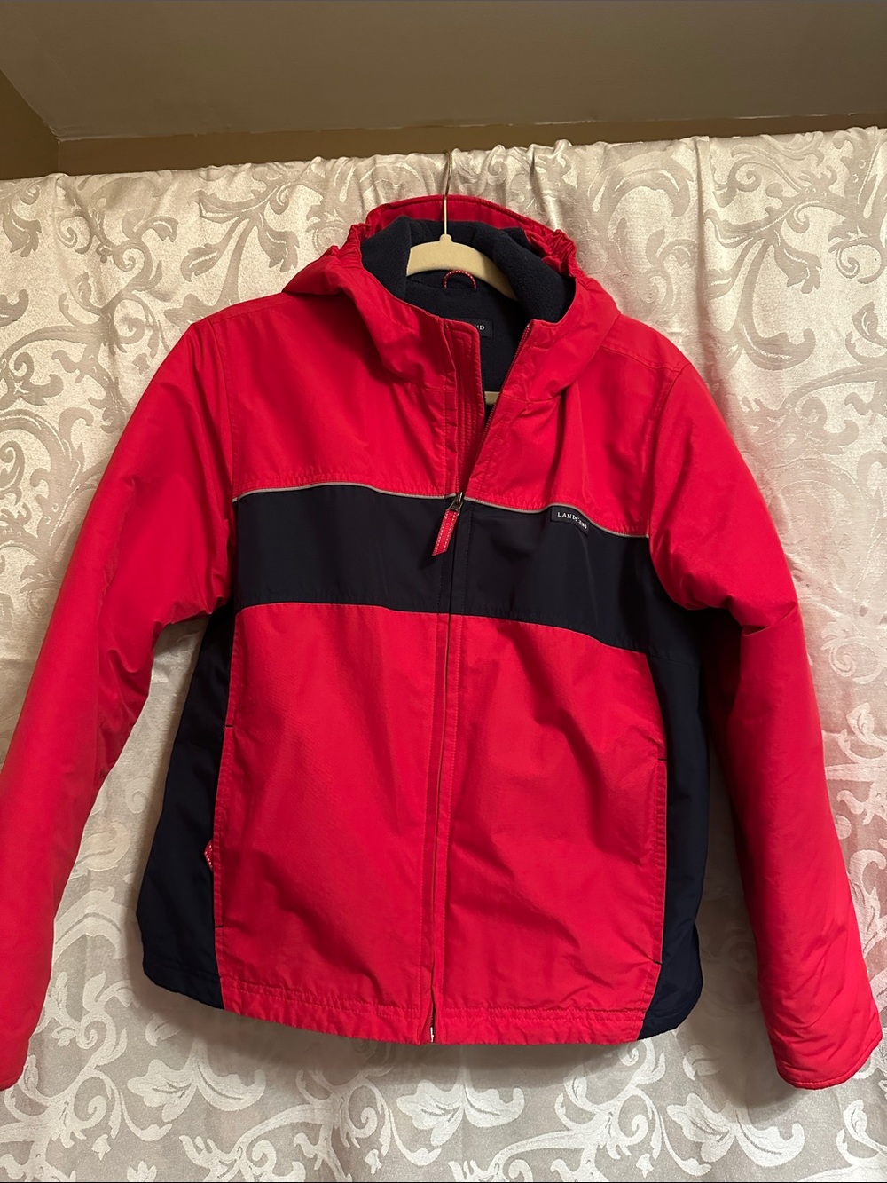 Lands' End Red and Black Hooded Puffer Jacket